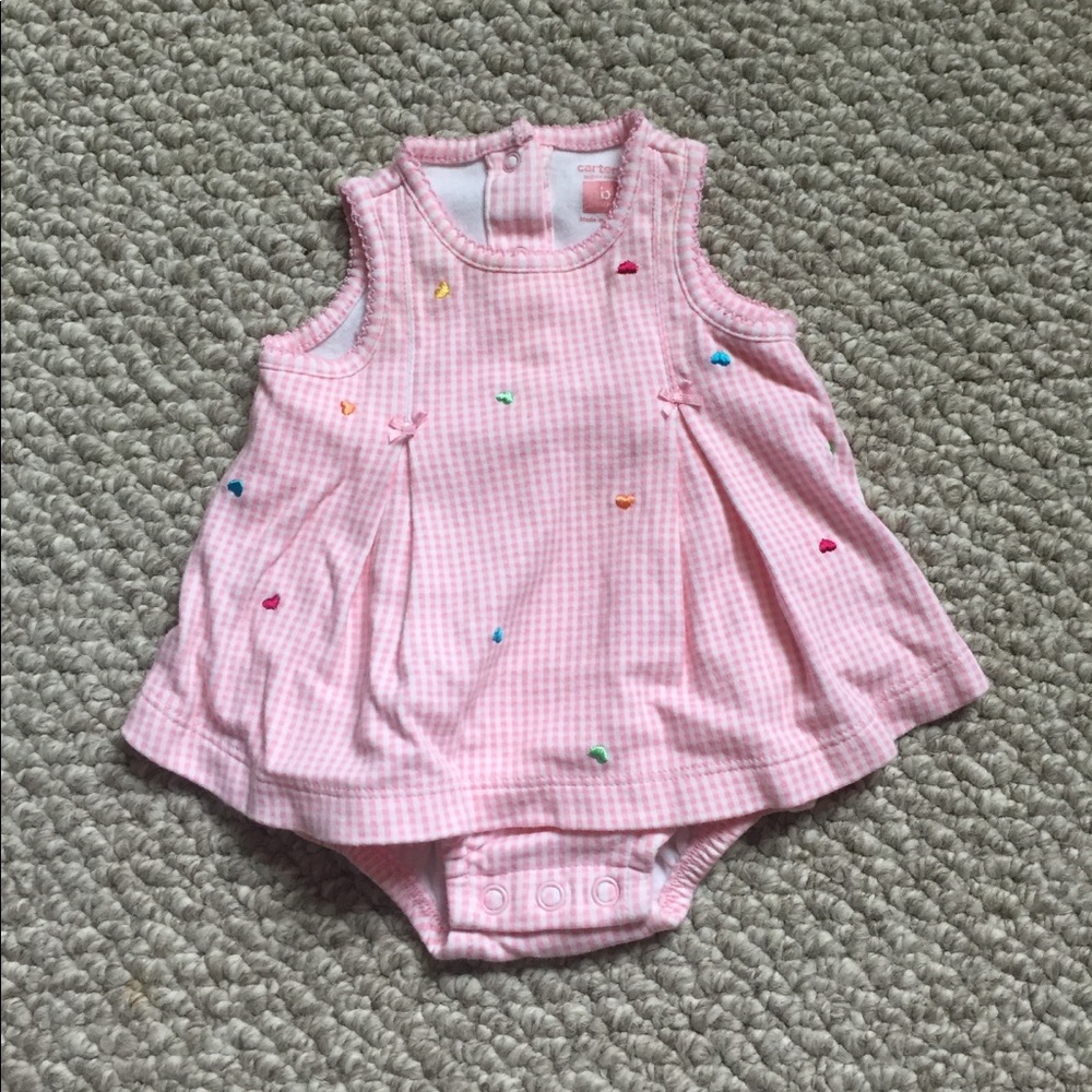 Carters Baby Girl Pink Gingham Heart Embroidered Romper Dress Size Newborn